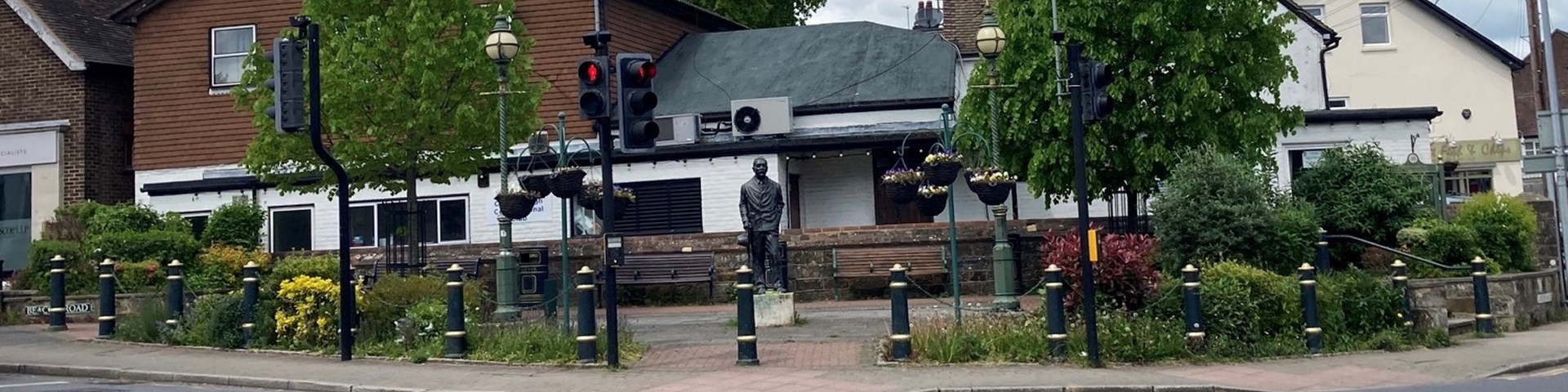 Crowborough streets with the Statue of Sir Arthur Conan Doyle